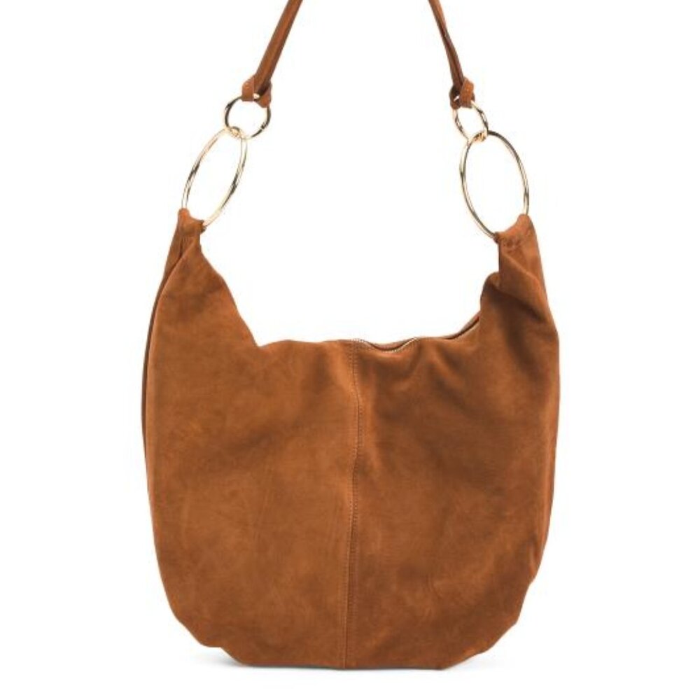 NWT Marlon Rosita Hobo Bag Gold Rings Suede Leather Made in Italy Golden Brown - Picture 2 of 10